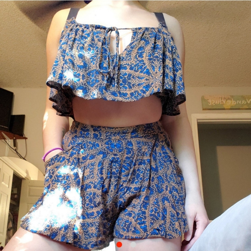 Flowy Blue and Brown Free People Two Piece Set